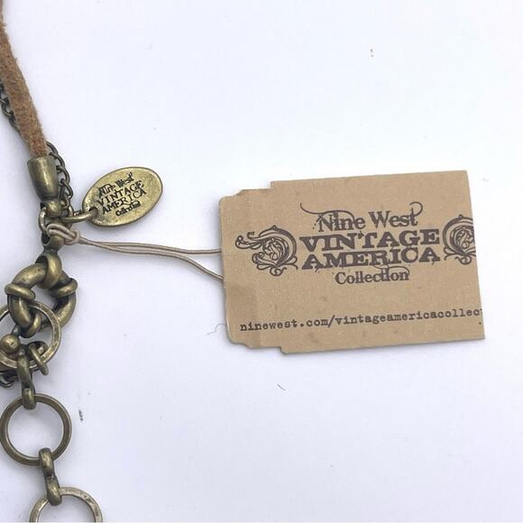 Nine West Vintage America Antiqued Gold-Tone Feather Leather Stone Necklace NWT - Picture 6 of 11